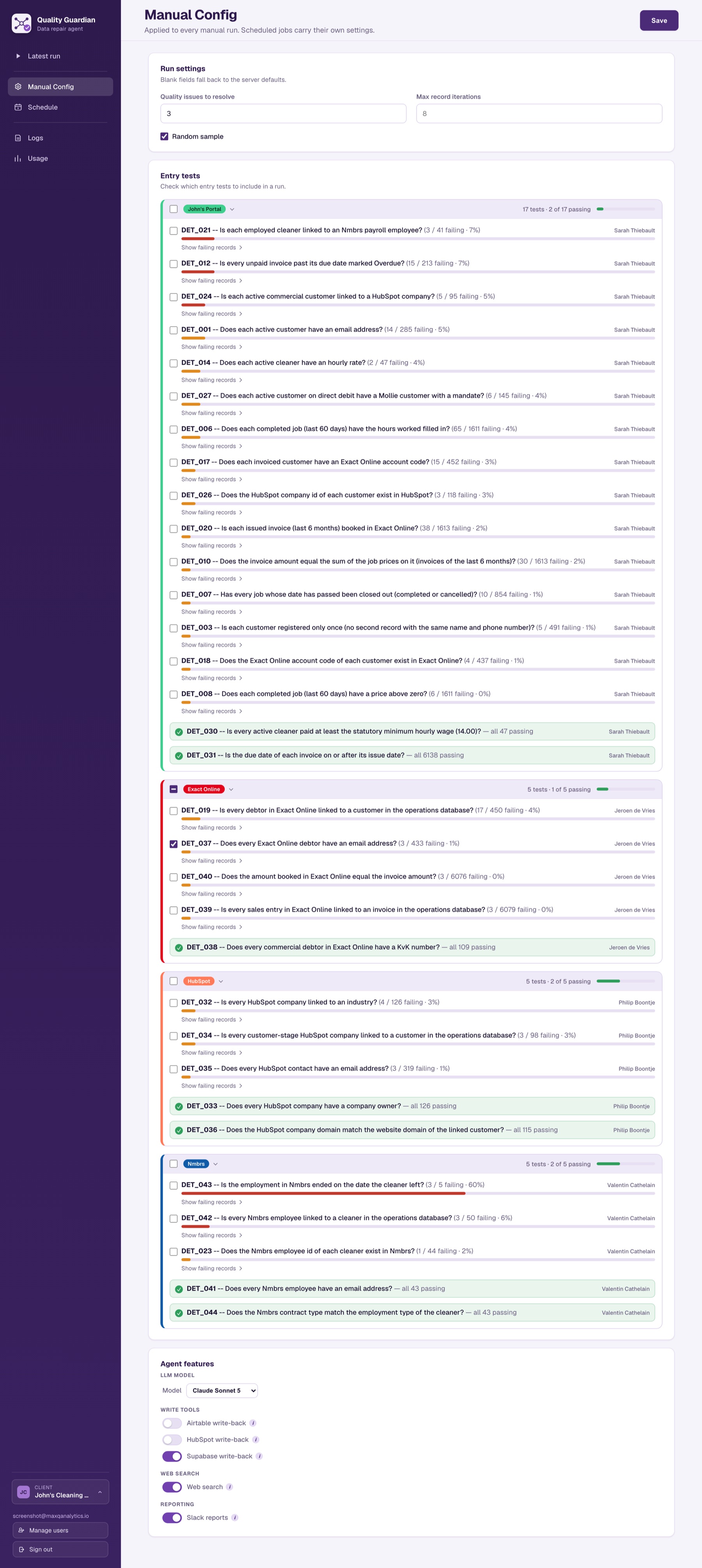 Quality Guardian Manual Config page: run settings, 32 entry tests grouped per source system with owners and pass rates, and agent feature toggles