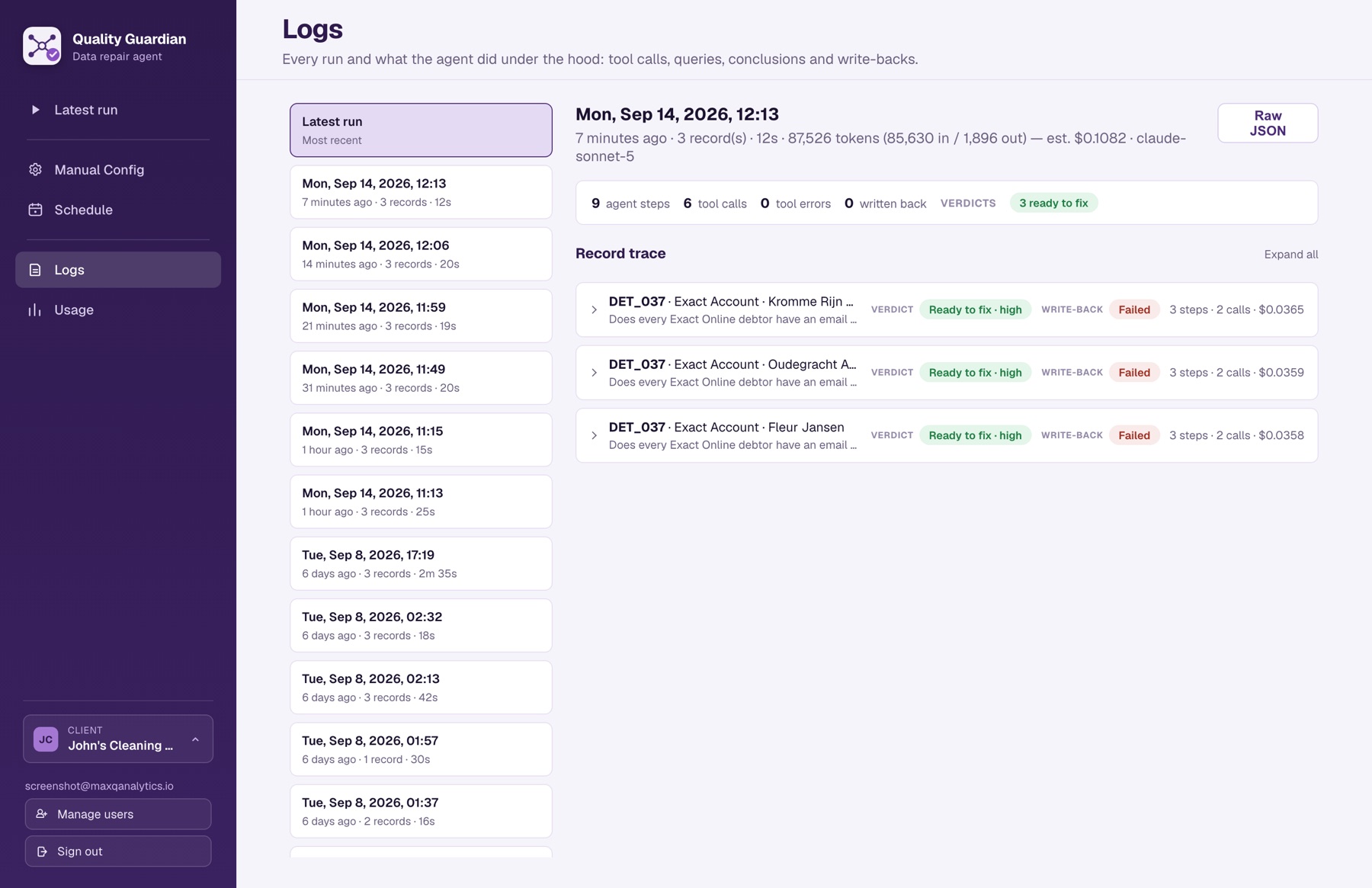 Quality Guardian Logs page: run list, run header, step counters, and a record trace with verdict and write-back chips