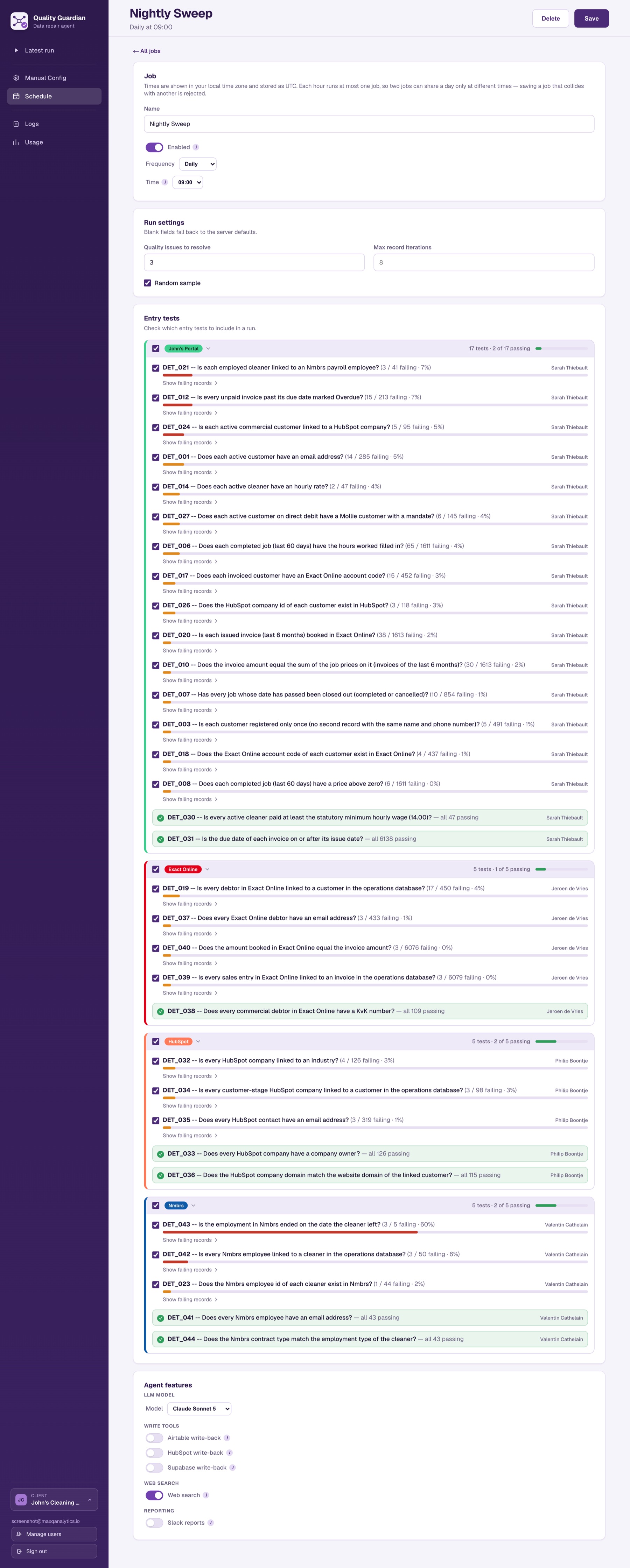 Quality Guardian scheduled job Nightly Sweep, daily at 09:00: its own run settings, entry tests per source system with owners and pass rates, and agent feature toggles